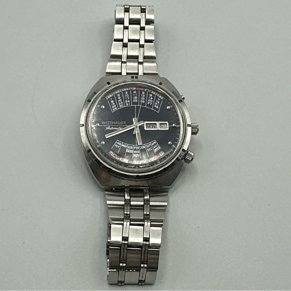 Wittnauer 2000 Stainless Steel Automatic Men's Watch W102 Blue Dial 1970s‎